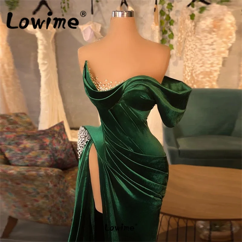 Moderno 2022 elegante verde longo vestidos de noite sereia vestido de festa feminino para casamentos cristais alta divisão lado vestidos de baile robes