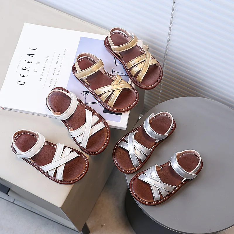 

Girls Sandals Soild Color Versatile Kids Princess Shoes Open Toes Hook&loop 2025 Summer New Girls Beach Shoes Non-slip Soft Sole