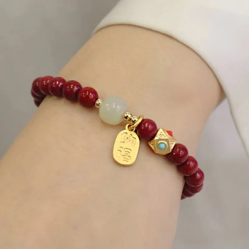 

Natural Raw Mineral Cinnabar For Women Hetian Jade Gold-Plated Fortune Pendant Jewelry Gift Purple Gold Sand Bracelet HandString