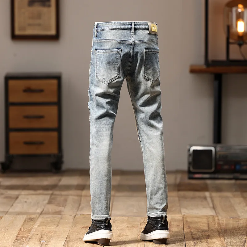 Jeans Retro Nostálgico dos homens, Costura Patchwork, Rua Slim Fit, Magro, Bordado Ruan, Bonito Calças De Personalidade