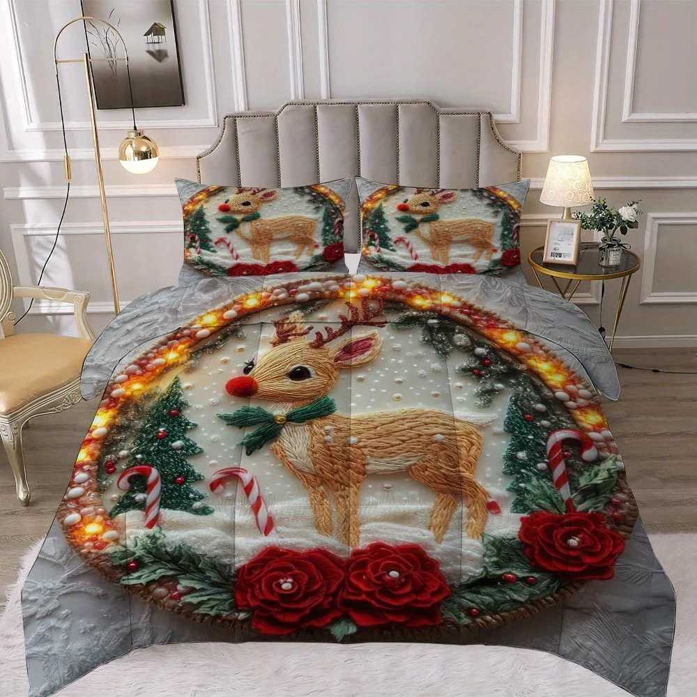 

Latacaca, комплект рождественских одеял с оленями, 3 предмета, комплект одеял толщиной 260 г, праздничный и уютный комплект постельного белья, 1 одеяло + 2 наволочки