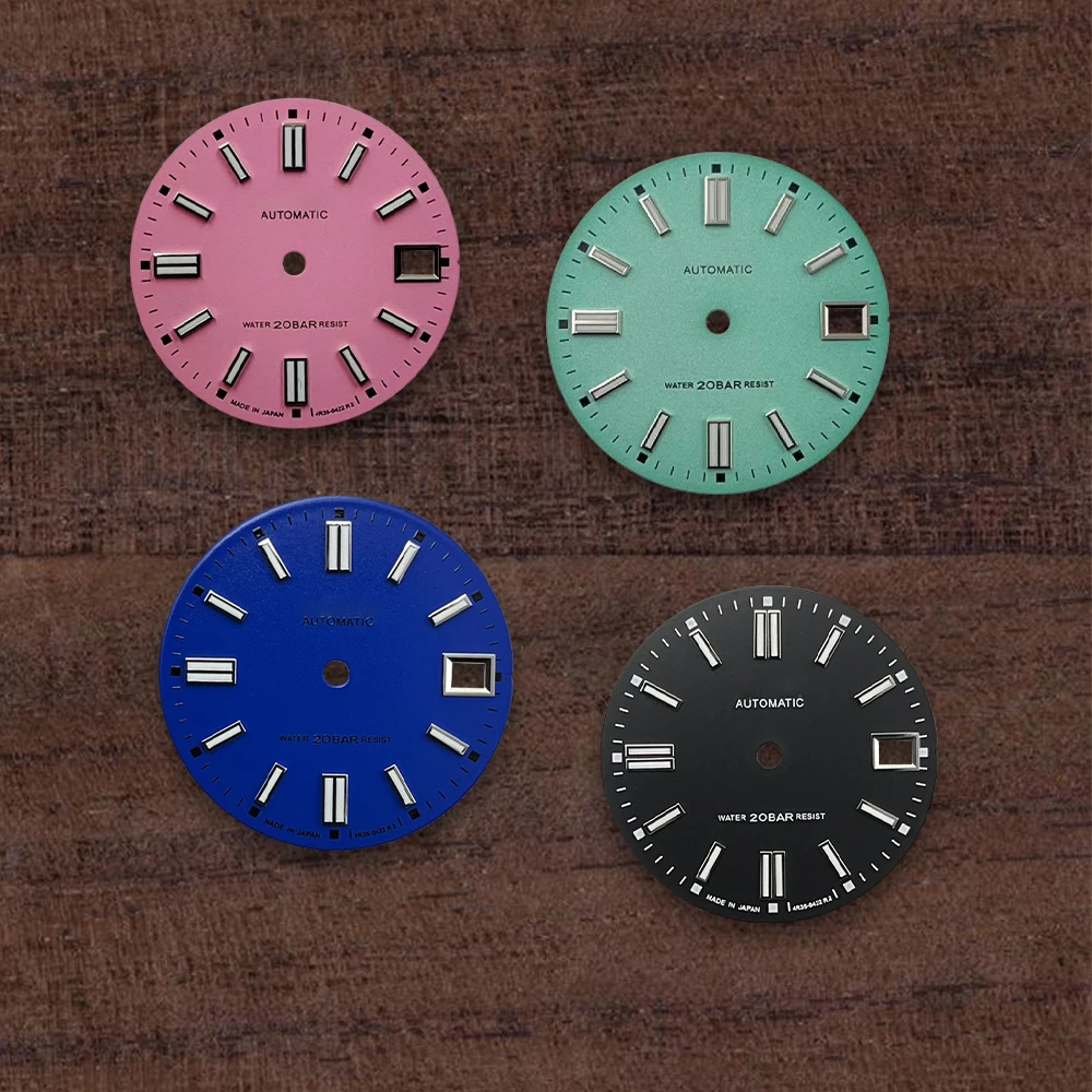 หน้าปัดโลโก้ S ขนาด28.5มม. เหมาะสำหรับ NH35/NH36/4R/7วินาทีนาฬิกาเคลื่อนไหวอัตโนมัติแบบญี่ปุ่นสีเขียวประดับตกแต่งเรืองแสง