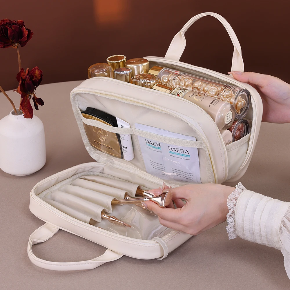 Przenośna kosmetyczka podróżna ze skóry PU Dwuwarstwowa kosmetyczka w jednolitym kolorze Torebka o dużej pojemności Organizer na kosmetyki