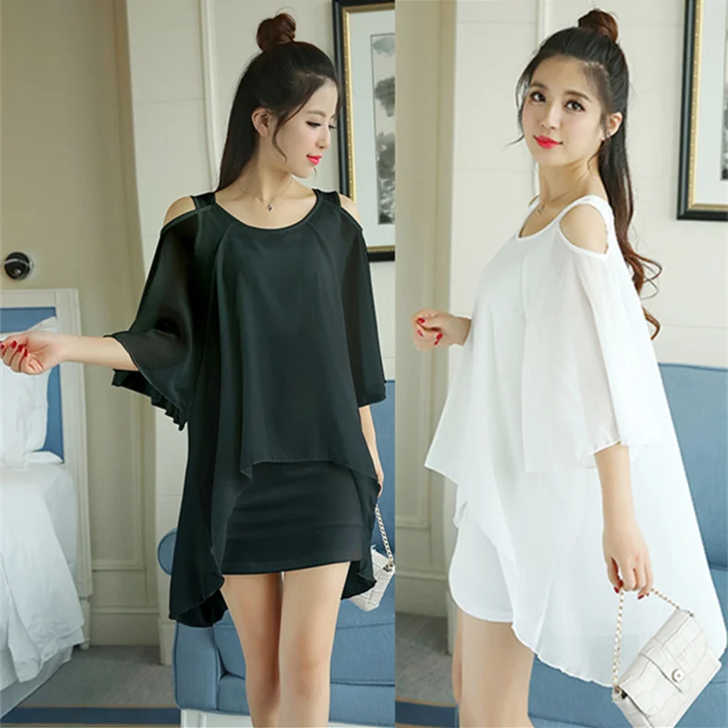 Elegant Chiffon Off Shoulder Blouse Summer New Fake Two Pieces Short Sleeve Solid Color Shirt Tops Office Fashion Women Clothing