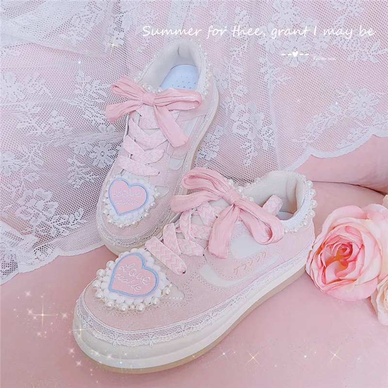 Heart Pearls Platform Sneakers Women Cute Thick Soled Casual Shoes Ladies Chunky Trainers Sweet Bow Lolita Sport Vulcanize Shoes