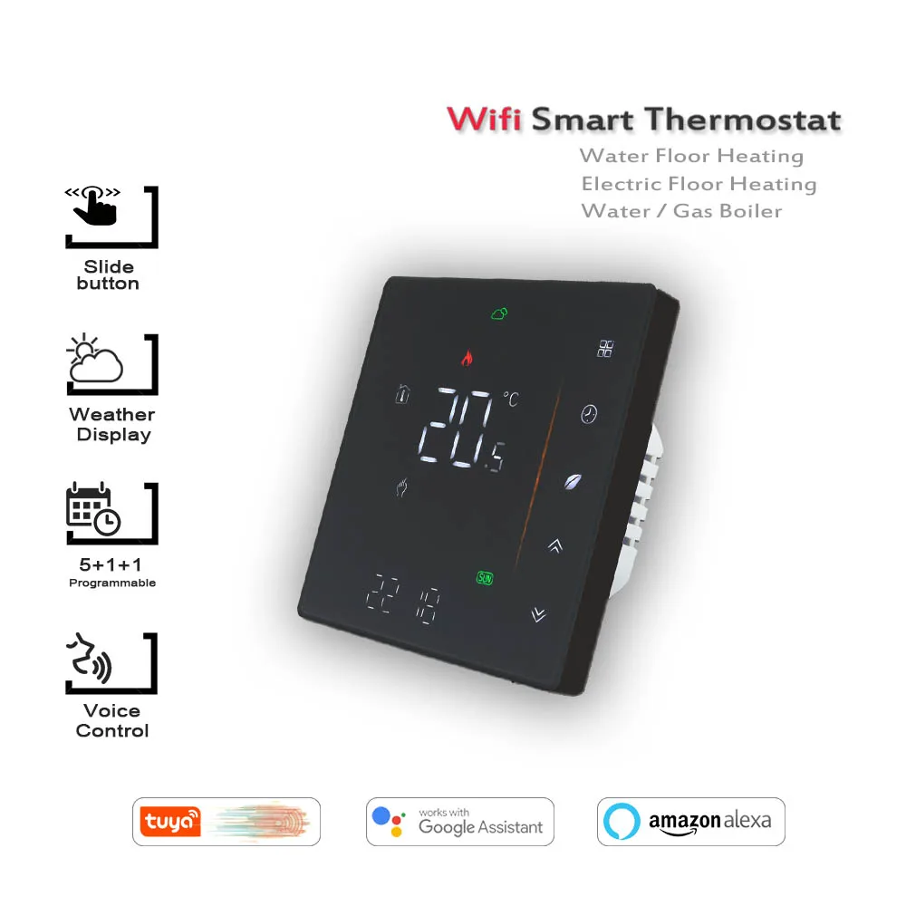 Wi-Fiサーモスタット温度コントローラー,24vac 95-240ac,alexaと連携するタッチスクリーン付き,Google Home