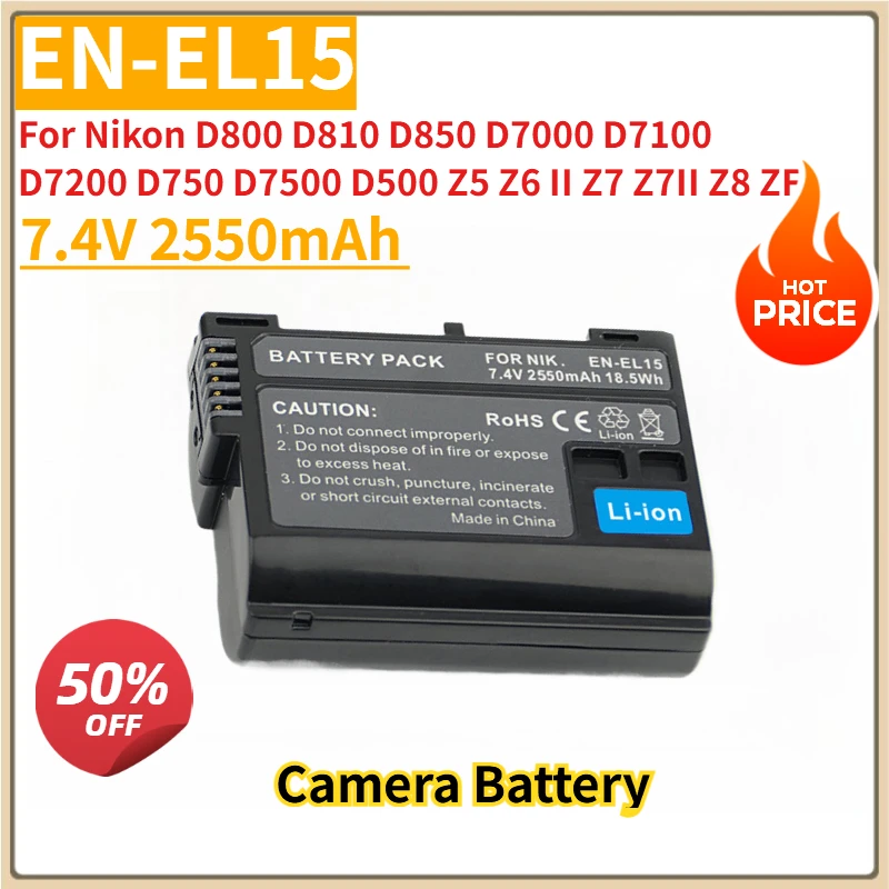 

New 7.4V 2550mAh EN-EL15 Replacement Camera Battery for Nikon D800 D810 D850 D7000 D7100 D7200 D750 D7500 D500 Z5 Z6 II Z7 Z7II