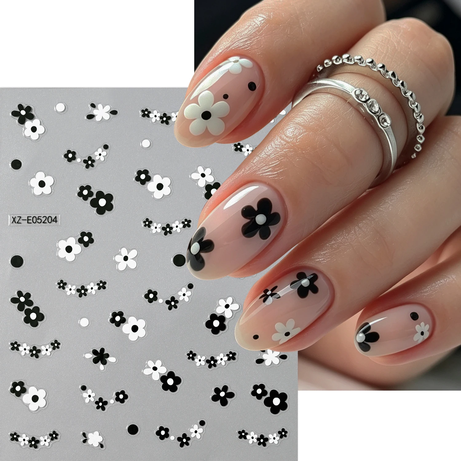 1Pcs Black White Spliced ​​Flower Nail Sticker 3D Kawaii Exquisite Five-petaled Floral Self-adhesive Manicure Decal DIY Nail Dec