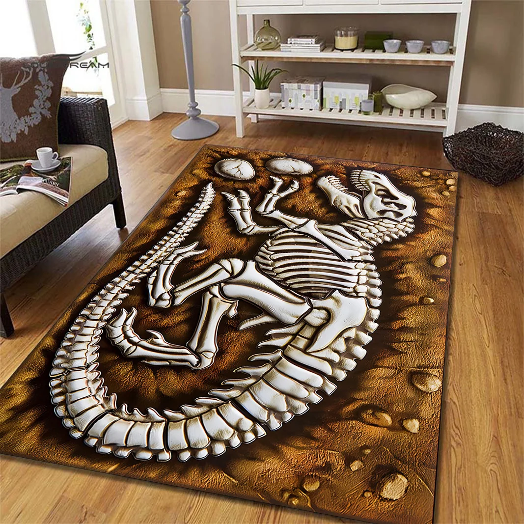 3D Dinosaur Fossil Skeleton Area Rug - Ancient Paleontology Decorative Floor Mat for Kids Room, Non-Slip Living Room Carpet