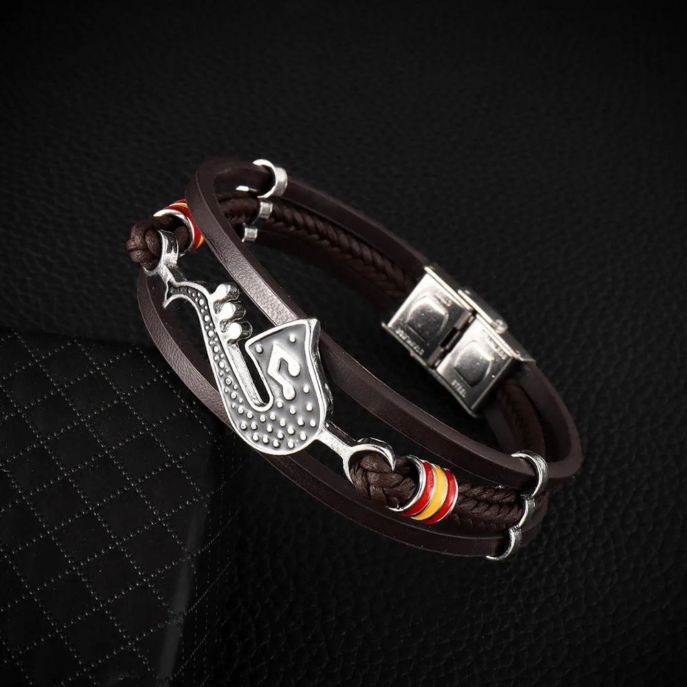 Trendy Personality Saxophone Music Bracelets for Men Leather Woven Note Multi-Layer Bracelet Student Men\'s Accessory Bracelet