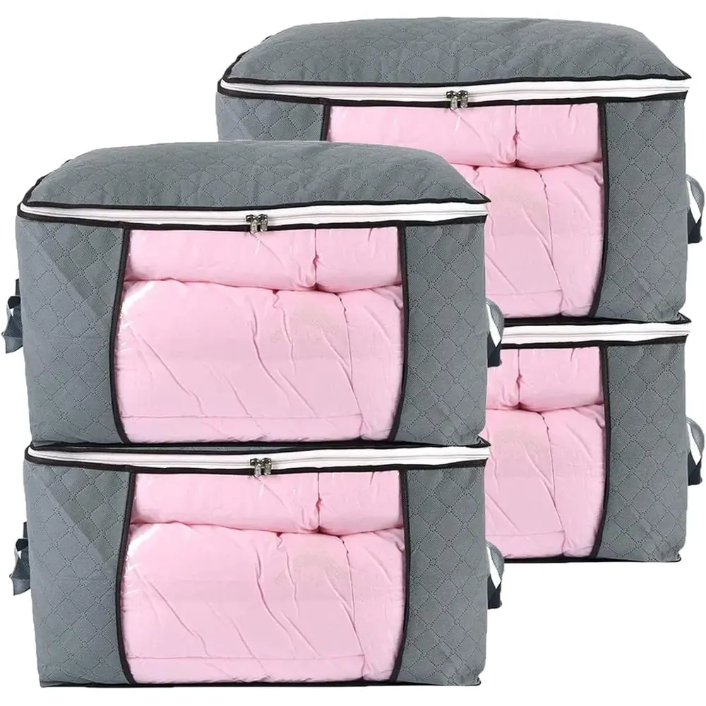 

Большие серые сумки для хранения с прозрачным окном и ручками, упаковка из 4 предметов для одеял, подушек, одеял и организации одежды