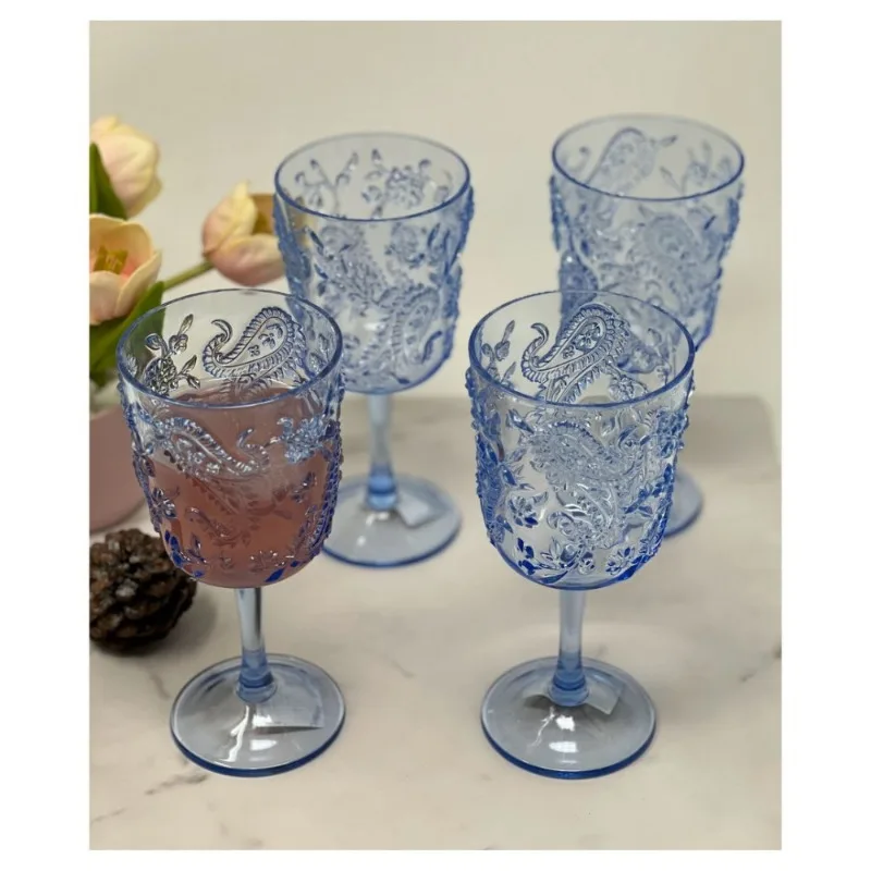 

13 oz Paisley plastic wine glass acrylic wine glass without bisphenol A indestructible blue embossed pattern reusable