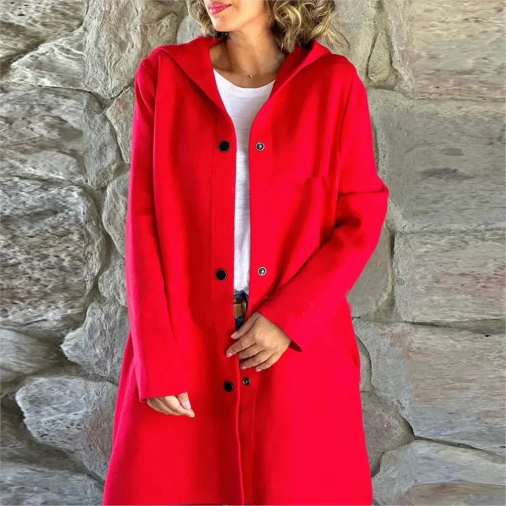 Autumn And Winter New Solid Color Woolen For Women\'s Long Sleeve Coat Elegant Fashion Pocket Casual Loose Female Hooded Coat2024