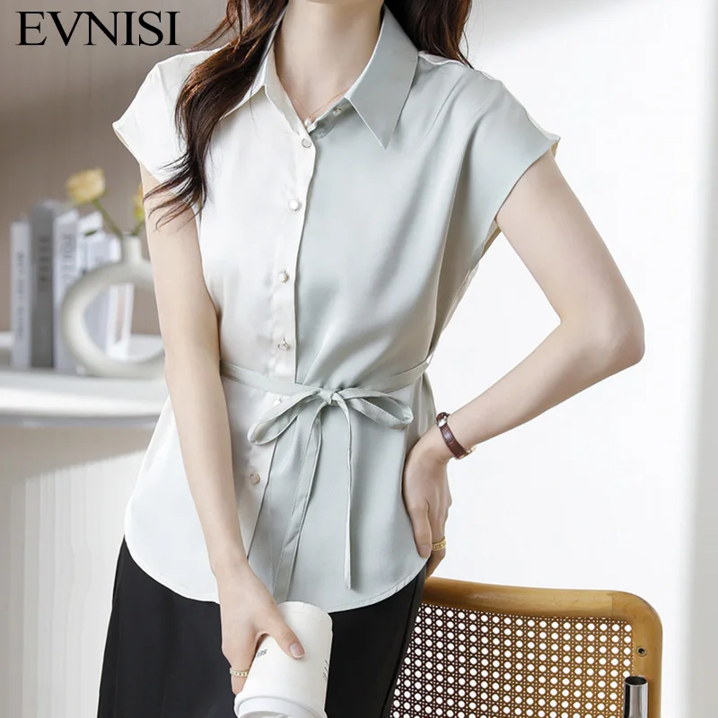 EVNISI Women Casual Chiffon Blouse Polo-Neck Chic Lace-Up Office Shirt Raglan Sleeve Tops Summer Slim For Women Blouse 2023