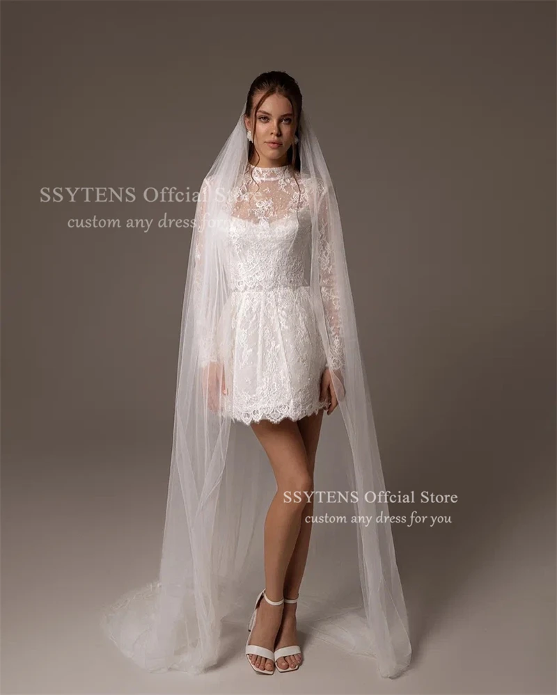 Sukienki ślubne cywilne SSYTENS z wysokim dekoltem, krótkie, w kształcie litery A, mini, sukienki na przyjęcia, iluzoryczne aplikacje, sukienki na powrót do domu, szyte na miarę