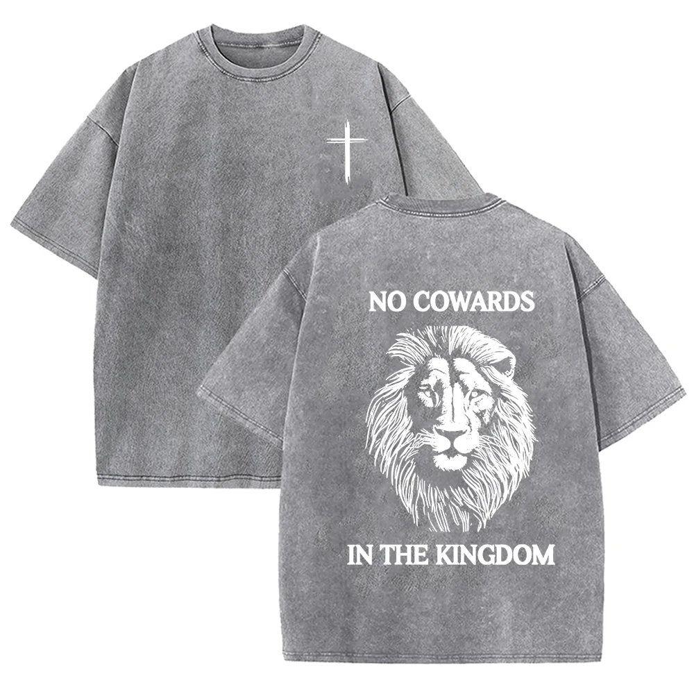 2026 Vintage Washed Black Cross Lion Graphic T Shirt No Cowards In The Kingdom Faith Oversized Casual Streetwear Short Sleeve Te