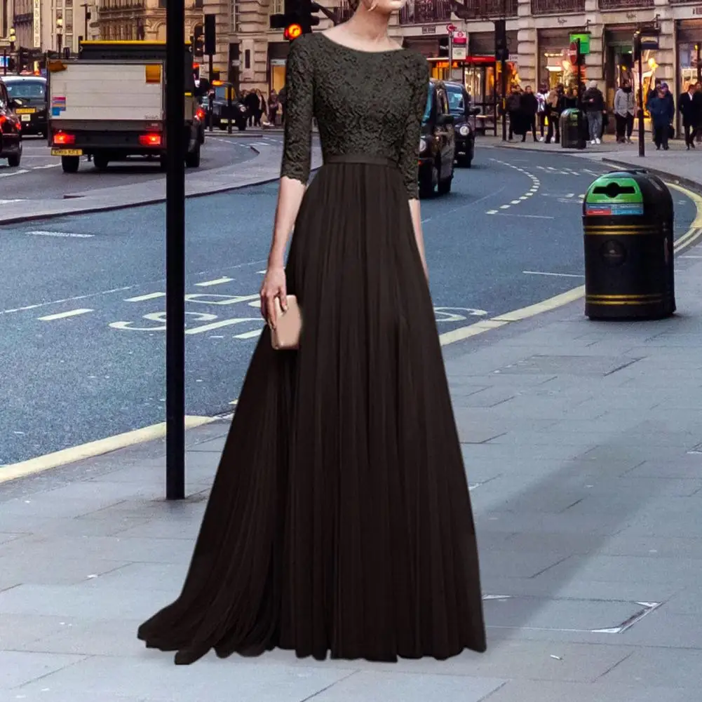 

Chiffon Long Dress Elegant Lace Embroidered Maxi Evening Dress with Half Sleeves Pleated Floor Length Skirt for Women's Prom