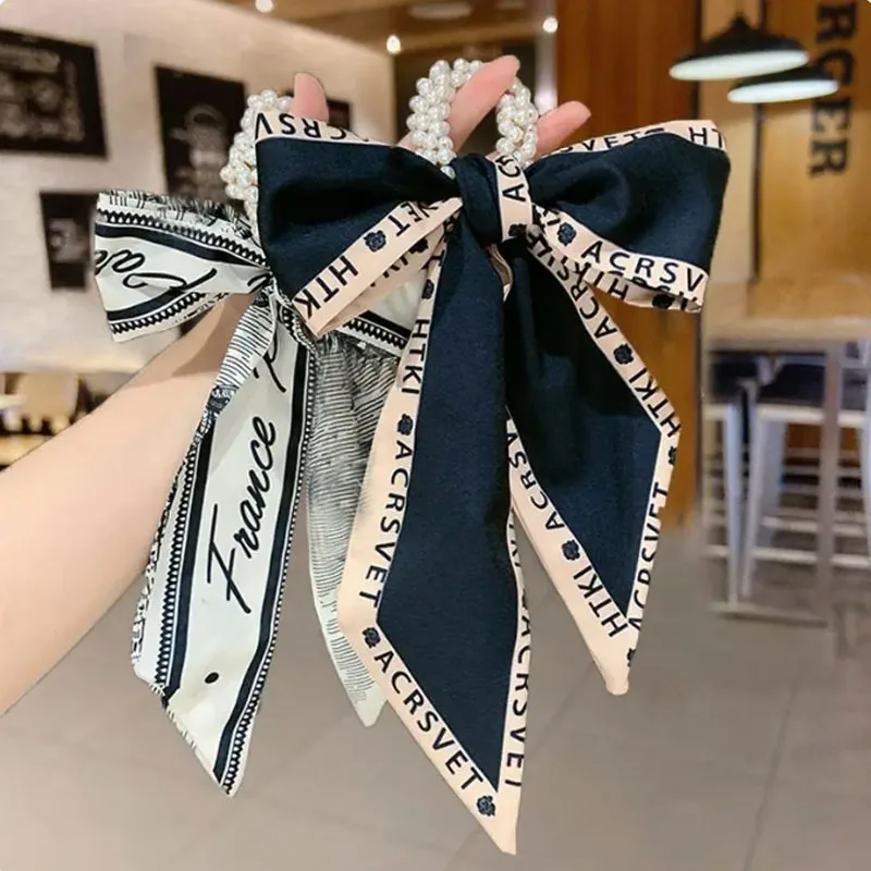 Hair Band Women's Hair Binding Vintage Bow Headdress Pearl Hair Ring Binding Hair Bow Ribbon Headrope