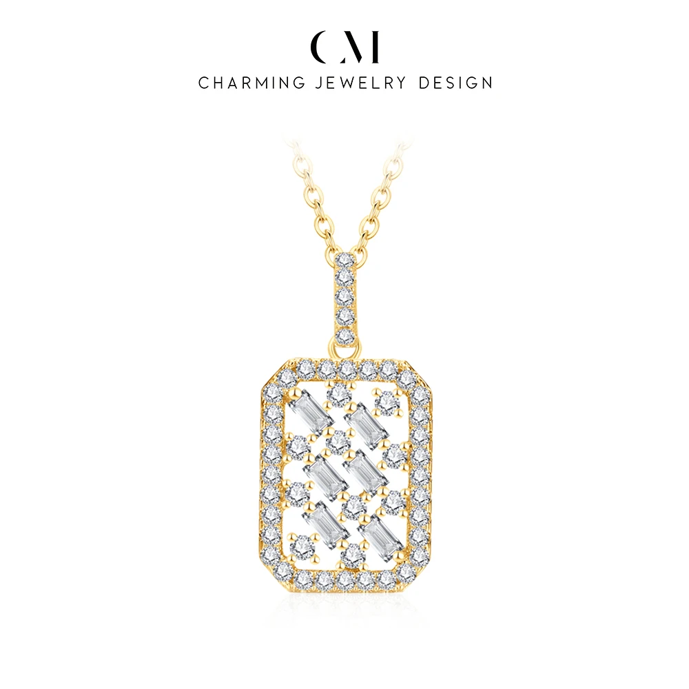 CHARMING Classic Skeleton Retangular Moissanite Pendant Necklace 925 Sterling Silver for Women Wedding Daily Jewelry Party Gifts
