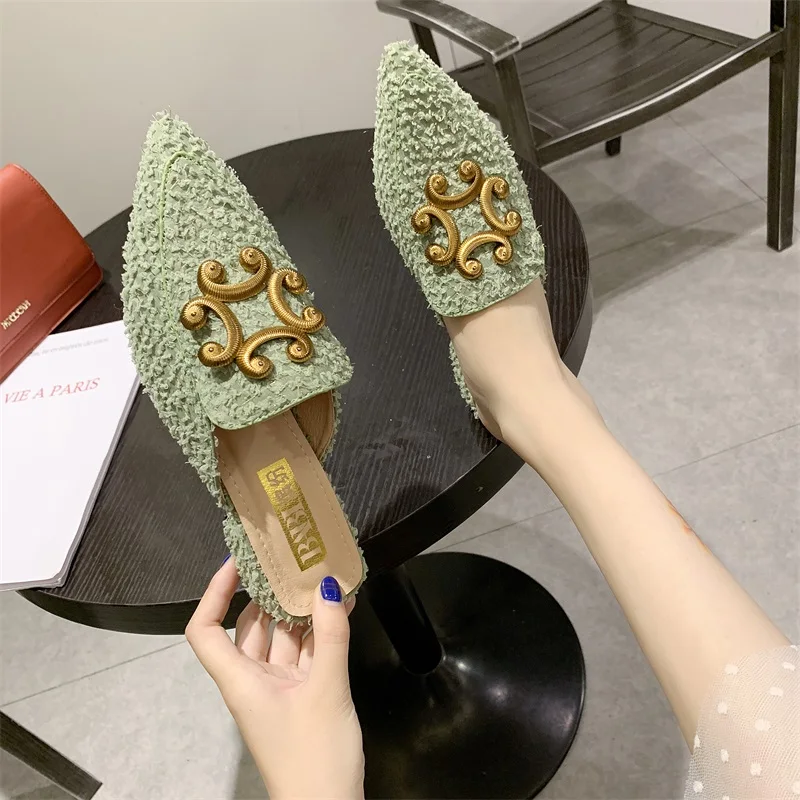 Miaoguan New Winter Clear Ladies Slippers Faux Fur Mules Slides Women Shoes Bow Knot Pointed Toe Square Mid Heels Shoe Woman 39