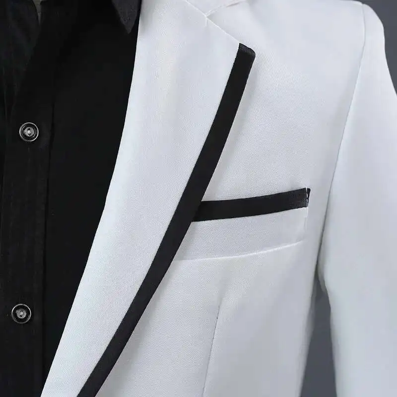 

Royal Blue Men Trimmed Suit Two Piece, Host Performance Costume, Red Long Sleeve Jacket With Trousers,White Black Mens Sets