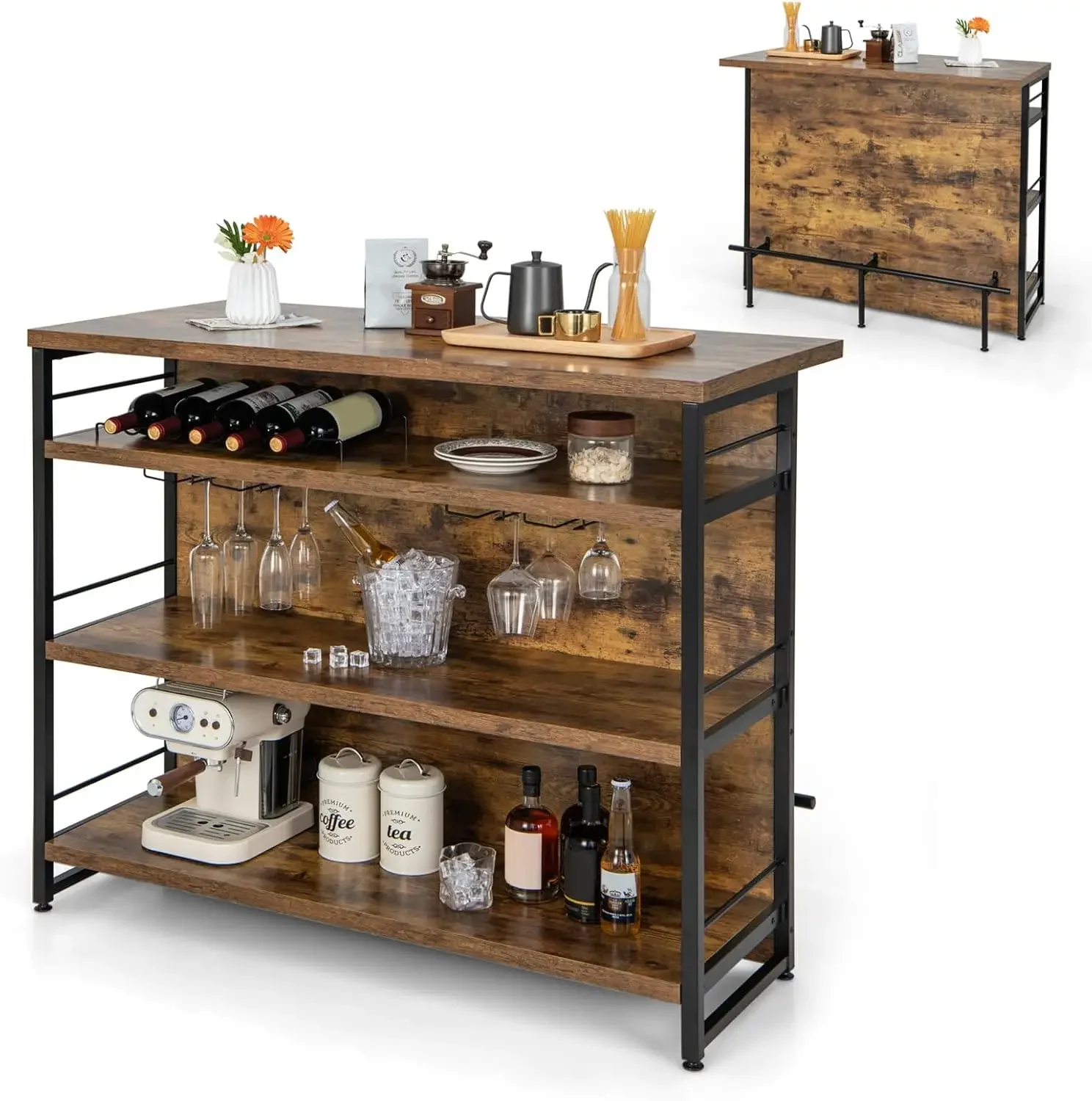 Unidad de bar para el hogar, mesa de bar de licor de 4 niveles con reposapiés, estantes para botellas de vino, soporte de vidrio, mini café de esquina industrial