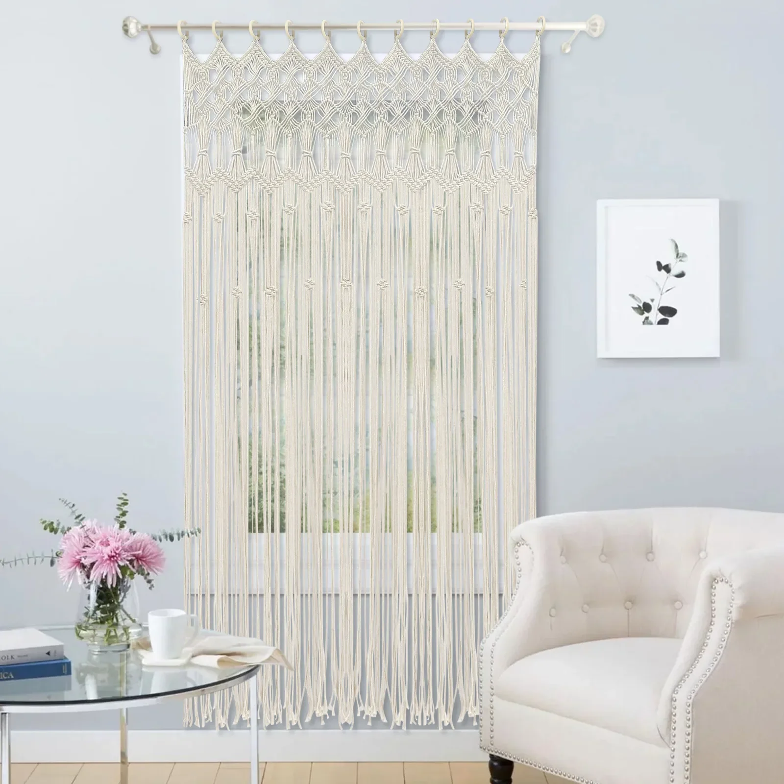 

Woven Curtain,Bohemian Style Macrame Door Curtain,120 x 195 cm Large Hand Woven Curtain with Wooden Ring Cotton Woven Decoratio