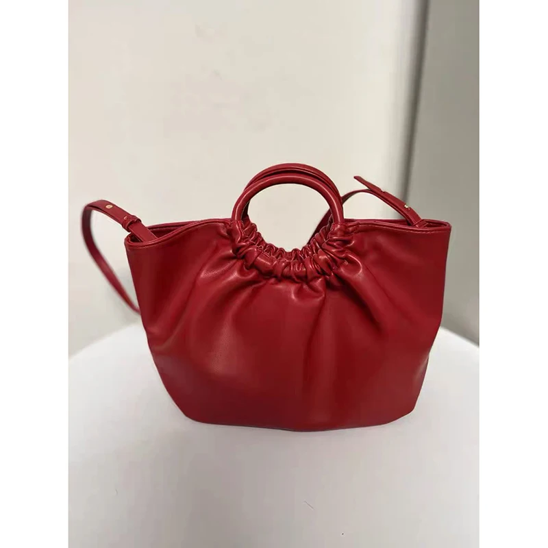 Red High Quality Large Capacity Tote Bag Fashion Soft Leather French Pleated Design Handbag Women\'s Casual Commute Shoulder Bag