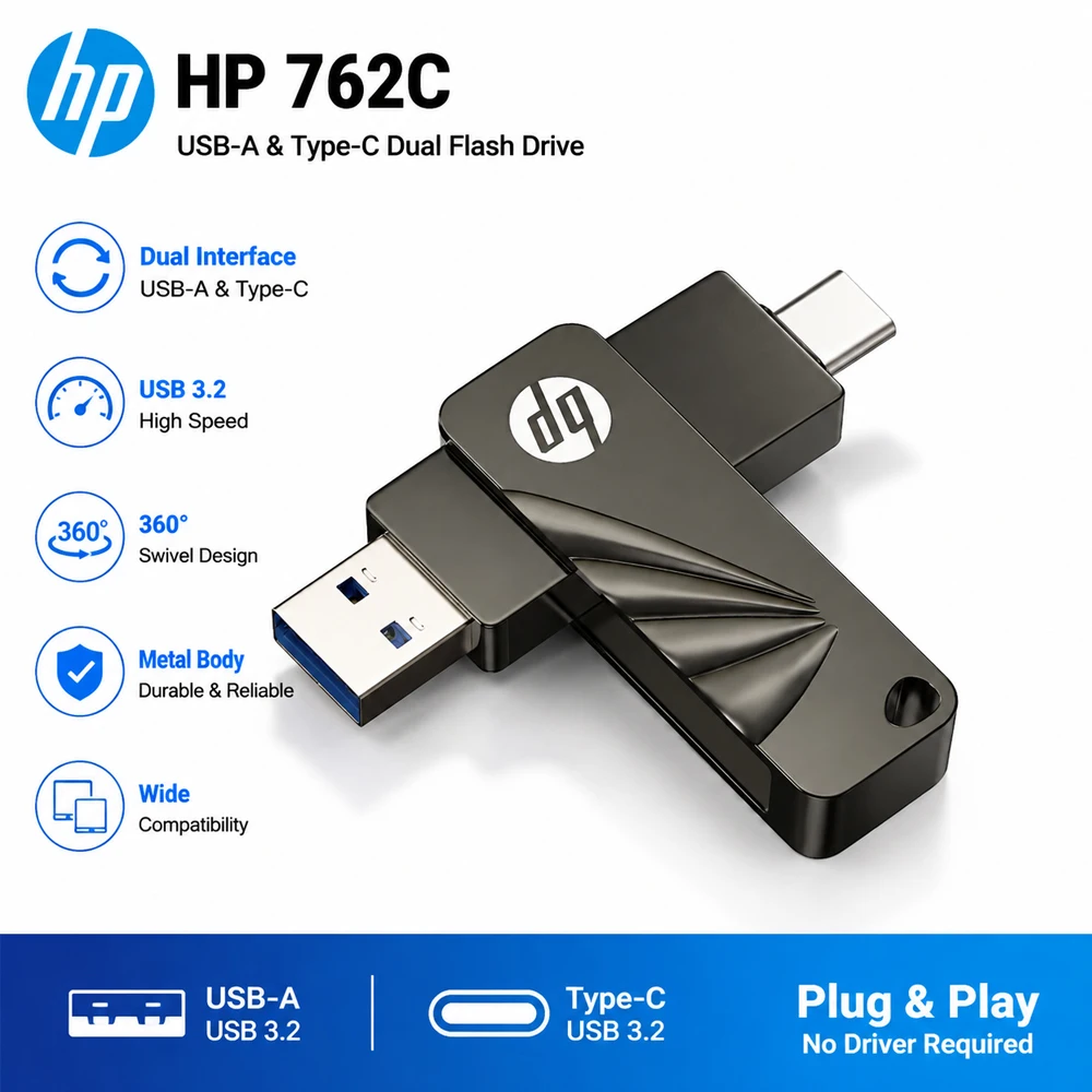 HP 762C USB 3.2 Flash-Laufwerk 64GB 128GB 256GB Typ C + USB A Dual-Interface Metall U-Disk Drehbarer Speicherstick