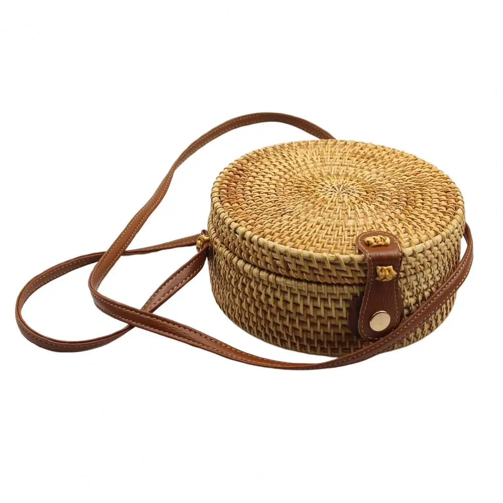 Handwoven Bag Handwoven Round Rattan Bag with Leather Shoulder Straps Capacity Natural Messenger Bag Chic Travel Tote for Women