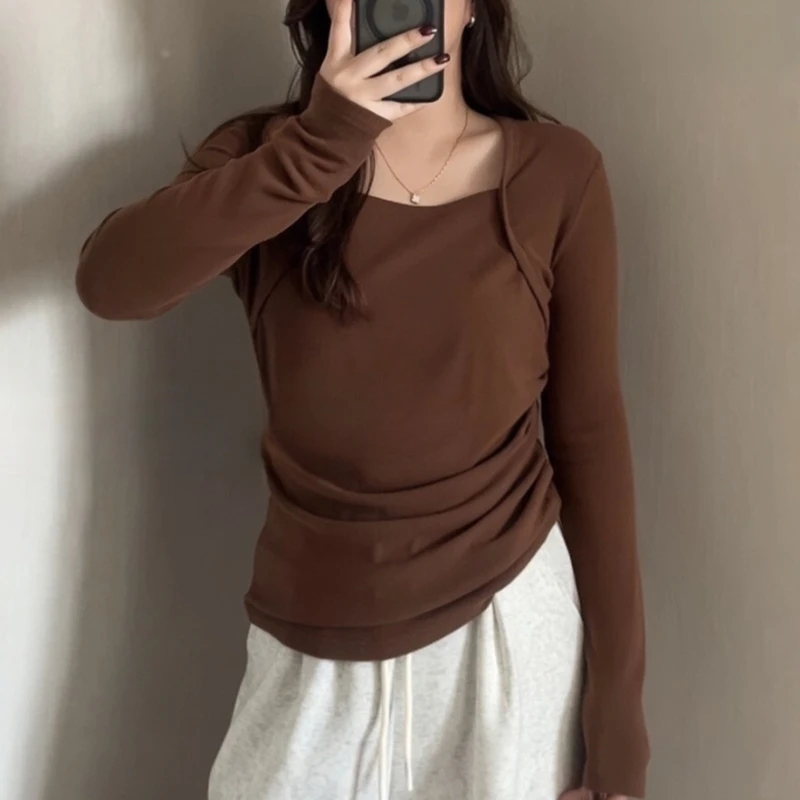 Long Sleeve T-shirts Women Autumn Square Collar Slimming Tops Solid Simple All-match Inner Plus Velvet Streetwear Ulzzang Soft