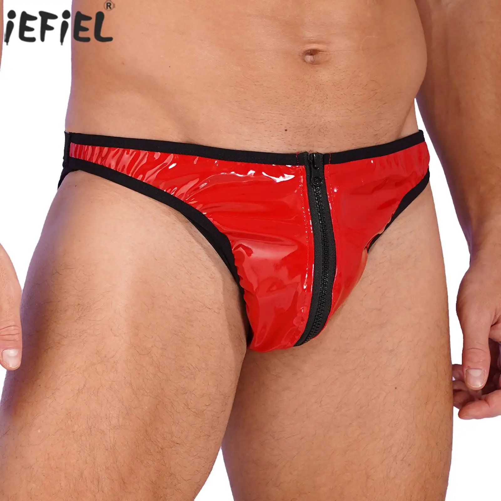 

Sexy Mens Patent Leather Briefs Zipper Bulge Pouch Underwear Low Waist Shiny T-back Thong for Causal Lingerie Gays Underwear