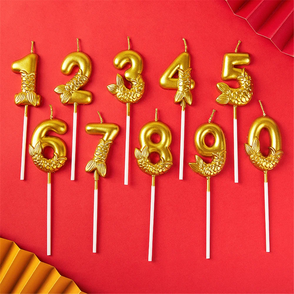 10pcs/Set  Golden Mermaid Tail Birthday Candles DIY Candle Number 0-9 Cake Decorations Wedding Baby Shower Supplies Cake Topper