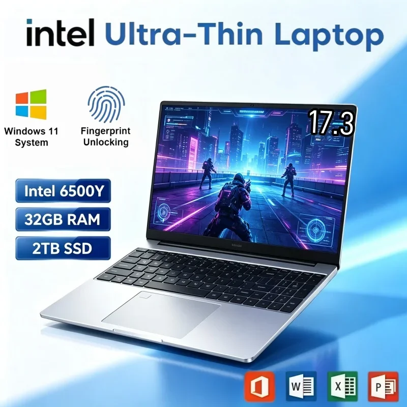 17.3 Inch Wide Screen Notebook Intel 6500Y Windows11 32GB RAM 2TB SSD Fingerprint Unlock Laptop For Student Office Gaming