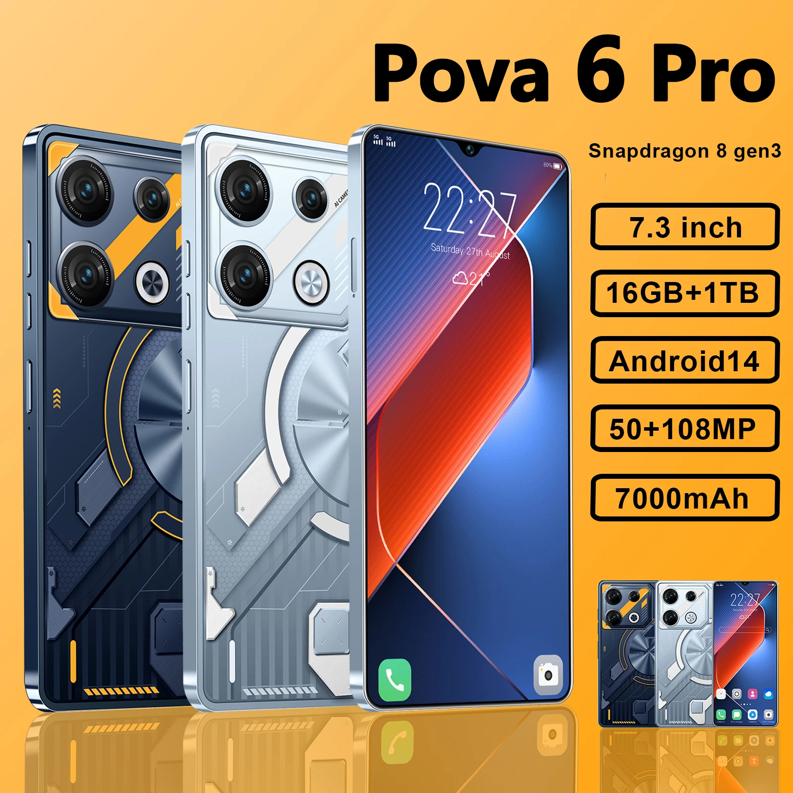 Pova 6 Pro Original Smartphone 5G 7.3inch HD 16G+1TB Cell Phone Dual SIM Mobile Phones 50+108MP 7000mAh Android 14 Unlocked NFC