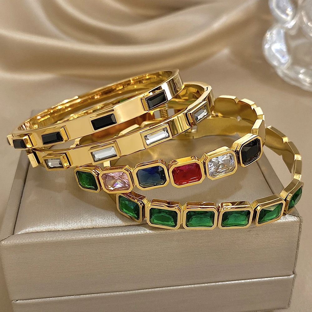 Luxury Colorful CZ Cuff Bangle Jewelry Gold Plated Stainless Steel Rectangle Crystal Waterproof Bracelets For Women Party Gift