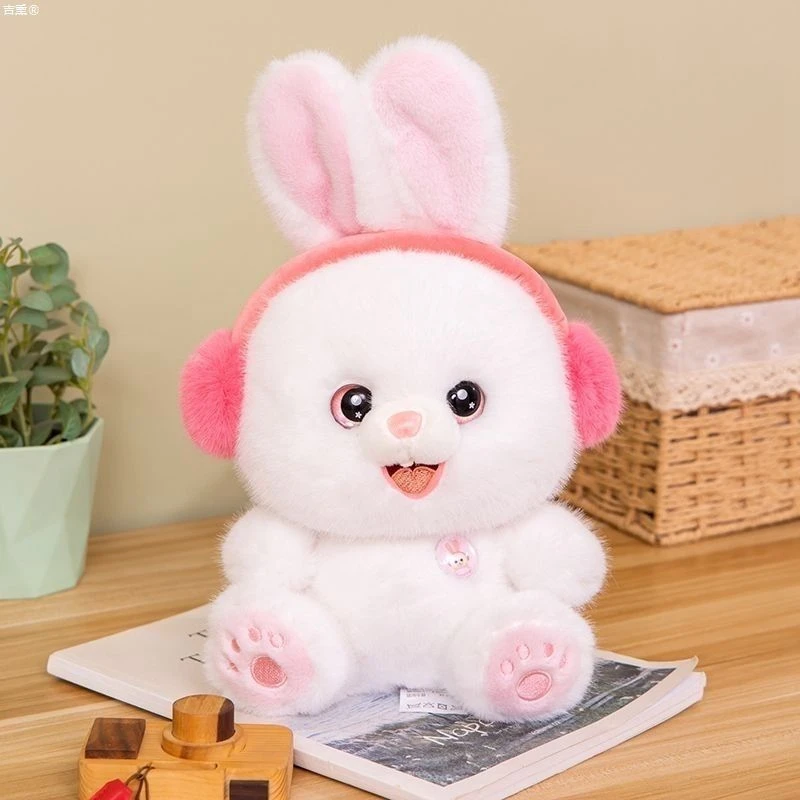 25CM Cute Earphone Rabbit Plush Toy Kawaii Super Soft Short-haired Premium Panda Husky Doll as a Birthday and Christmas Gift