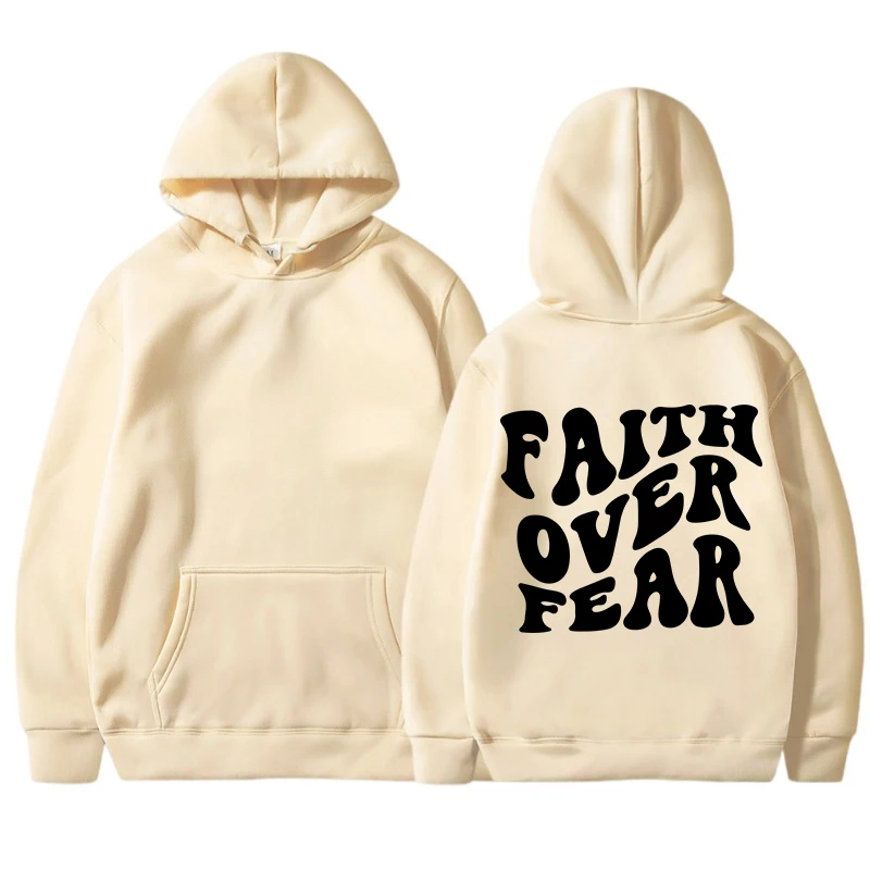 Faith Over Fear Printed Hoodies Casual Fashion Womens Pullovers Fleece Warm Pocket Sweatshirt Sporty Oversize Street Clothes