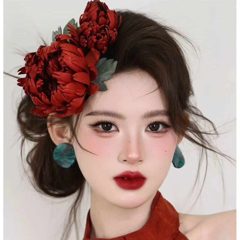 New Chinese style red simulated flower hair clip, bride's wedding toast outfit, headwear