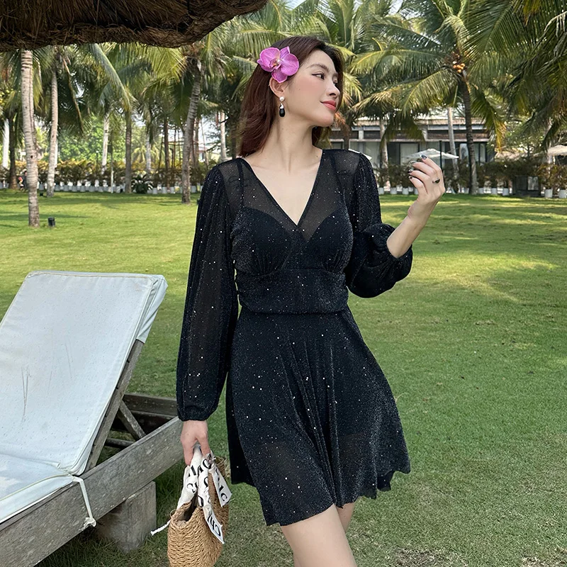 Plus Size Swim Dress Swimsuits Padded Long Sleeve Women Ladies Modest Swimwear Monokini One-piece Swimsuit with Skirt Boyshorts