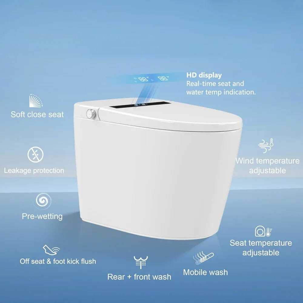 

Elongated Smart Toilet with 1.28GPF Auto Flush, Heated Seat, Foot Kick Operation, Night Light，One Piece Tankless Toilet