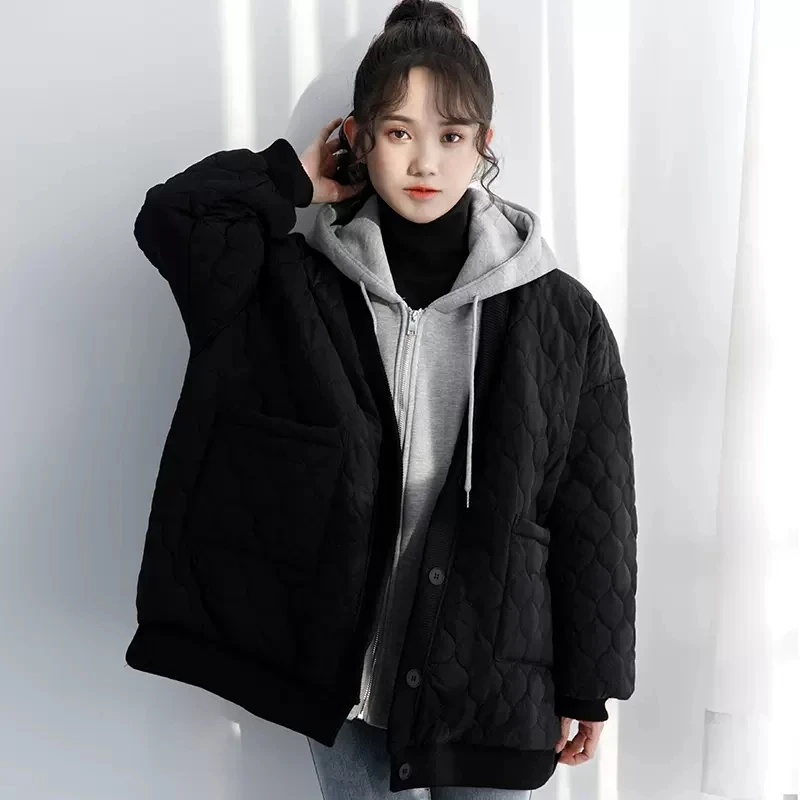 

2022 Winter New Sweater Hooded Stitching Fake Two-Piece Cotton Clothes Women's Loose Toling Cotton Clothes BF Wind Female Coat X