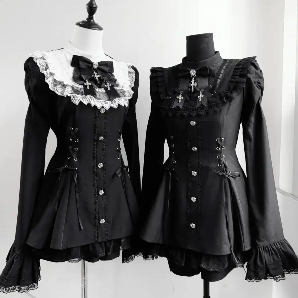 Conjunto de Vestido y Shorts Estilo Lolita Y2k con Moño, Camisa de Manga Abombada con Encaje y Botones, Vestido Gótico Japonés para Mujer, Mini Vestido Punk para Fiesta