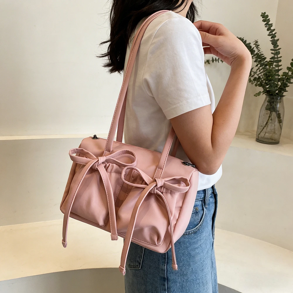 

2026 New Korean Style Bow Nylon Shoulder Bag Sweet Foldable Design Large Capacity Commute Tote Bags Casual Women Handbag