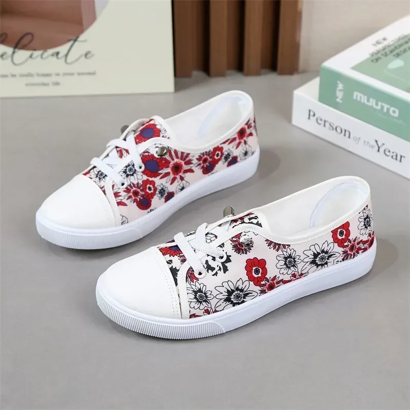 Lady Fashion Sweet Round Toe Red Floral Print Canvas Shoes for Student School Women Casual Home & Street Blue Comfort Shoes A157