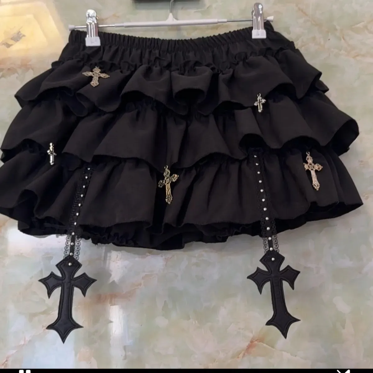 Black Mini Skirt with Cross Pendant Built-in Shorts Tiered Ruffled Trim Shoujo Girl Sukapan Gothic Lolita Kawaii Cake Skirt - view 3