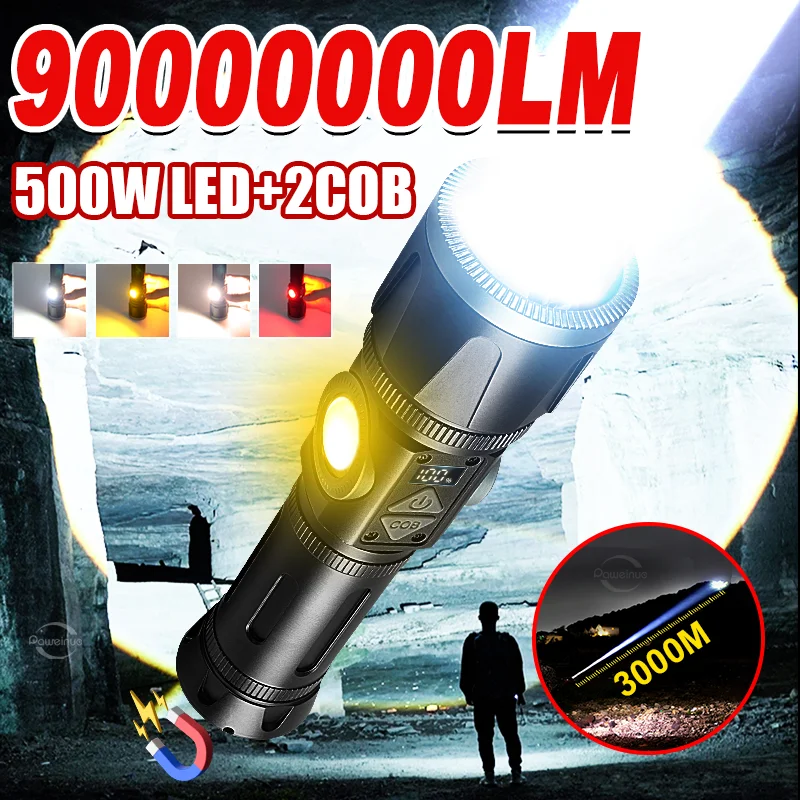 

2025 500W+2COB Super Bright LED Flashlight Work light 18650 Rechargeable Lamp Multifunctional Magnetic Outdoors Camping Lantern