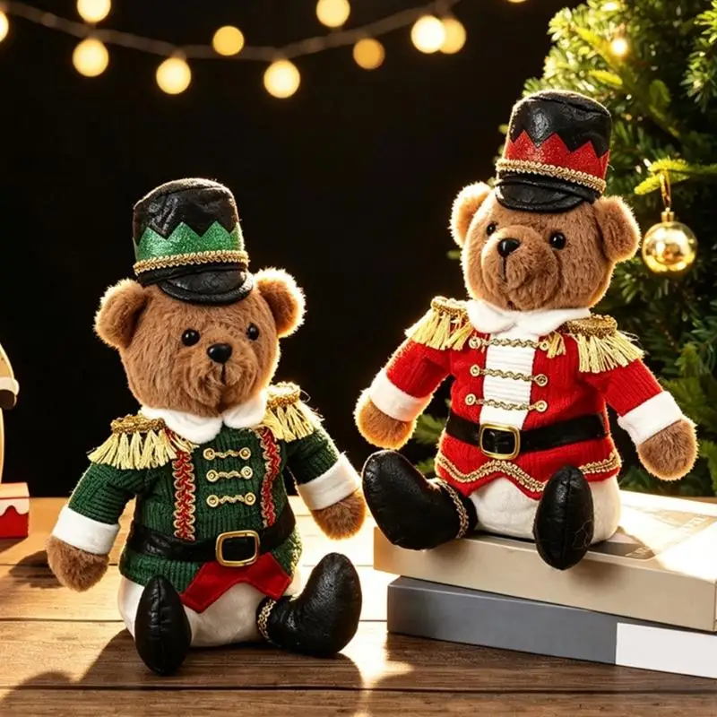 Christmas Plush Bear with Nutcrackers Design Seated Decoration, 11.8Inch Stuffed Animal Holiday Figure Doll for Shelf and