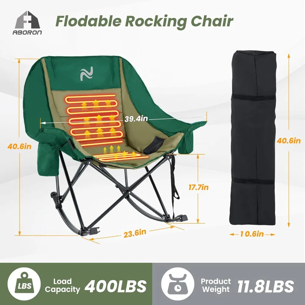 كرسي تخييم هزاز كبير الحجم للبالغين - كرسي حديقة خارجي مبطن بالكامل قابل للطي مع جيب جانبي، كرسي محمول