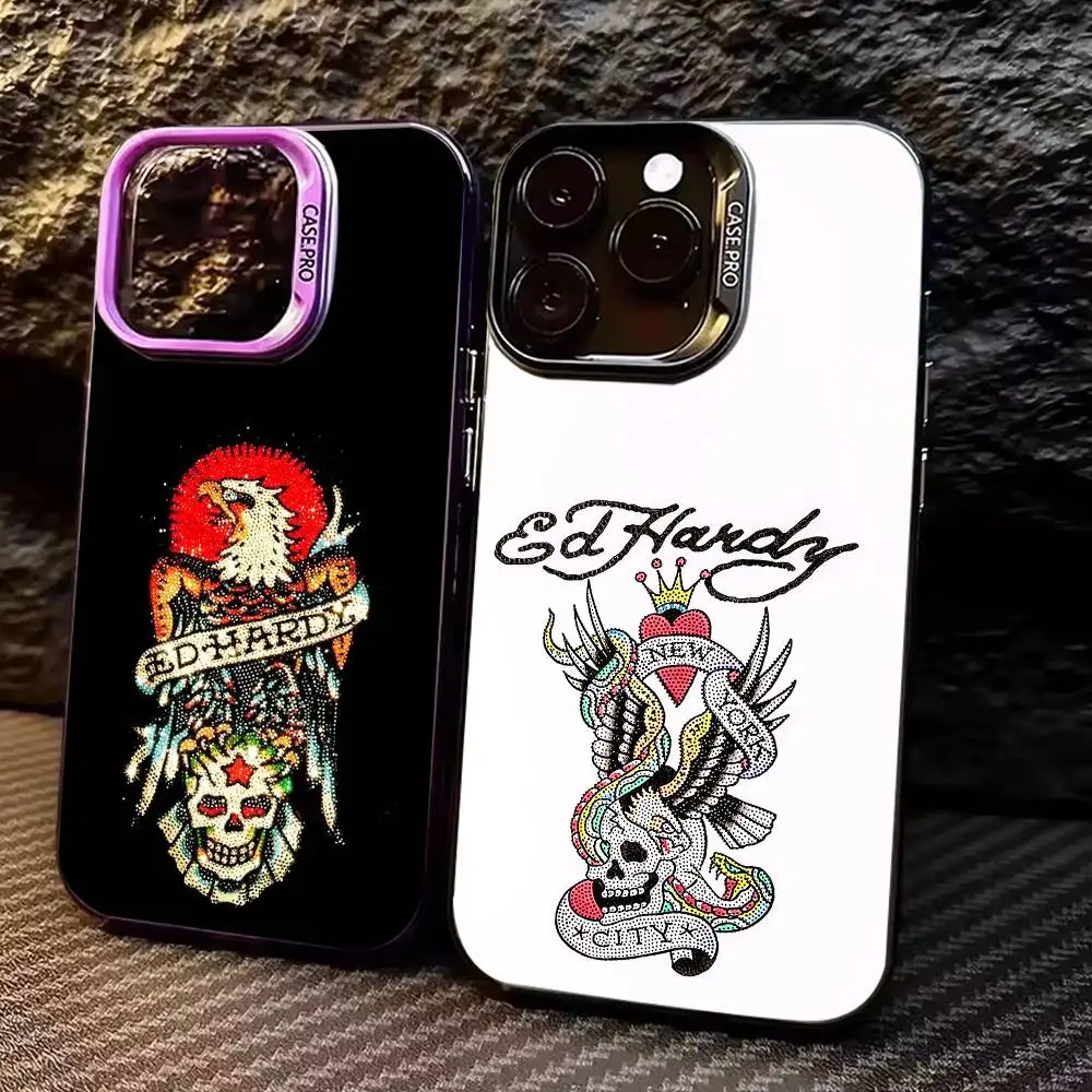 Moda Ed Marcas Hardy Colorido Prata Voltar Capa de Telefone Para IPhone 17 16 15 14 13 12 11 Plus Pro Max Plus